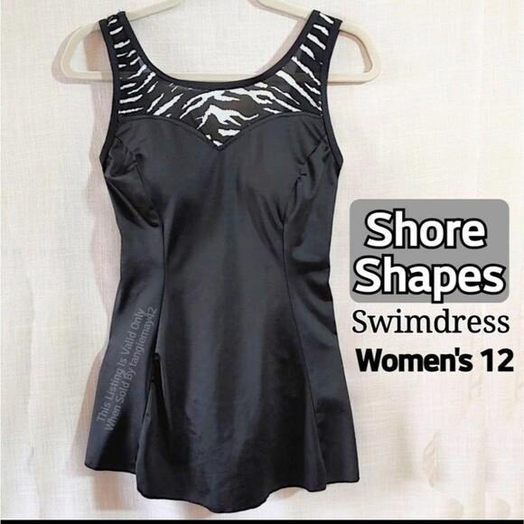Shore Shapes Womens 12 Large Black White Swimdress Shelf Bra Tummy Control - Picture 1 of 12